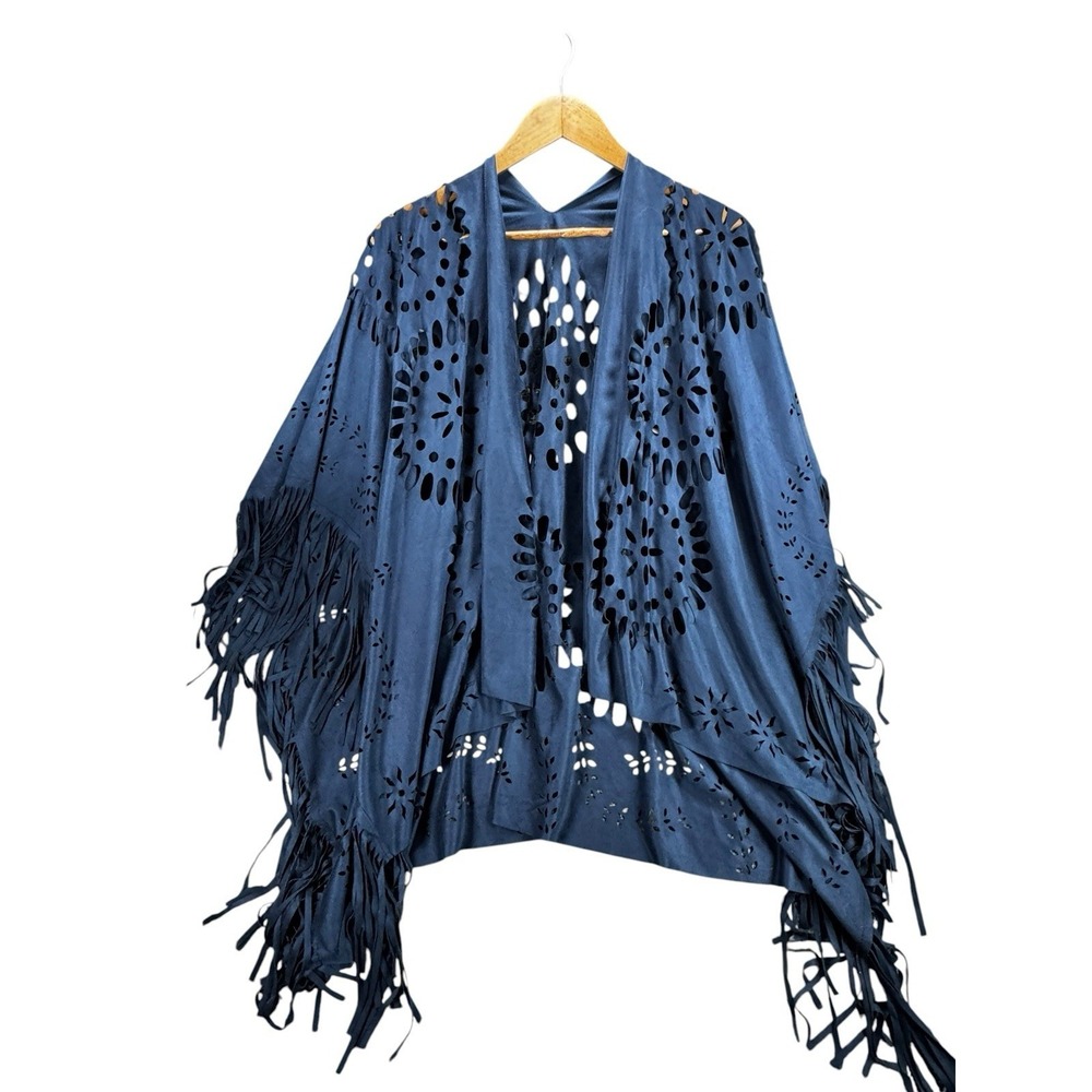 Raj Navy Vegan Suede Fringe Boho Laser Cut Shawl Wrap One Size Festival